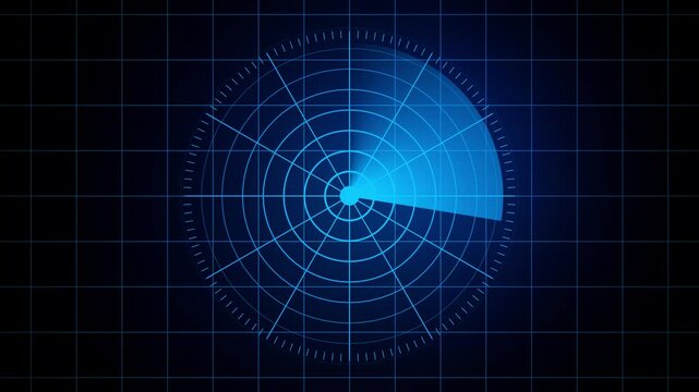 Blue Radar Scanner Interface Animation with Rotating Beam and Grid for Military Tracking, Air Traffic, and Sci-Fi HUD Display