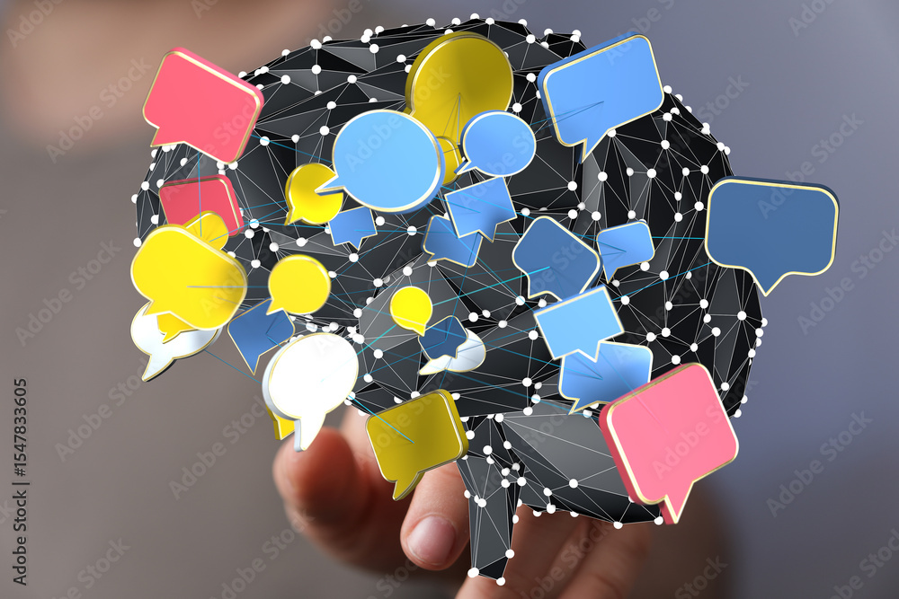 Poster conceptual image of a network of communication, ideas, and thoughts.
