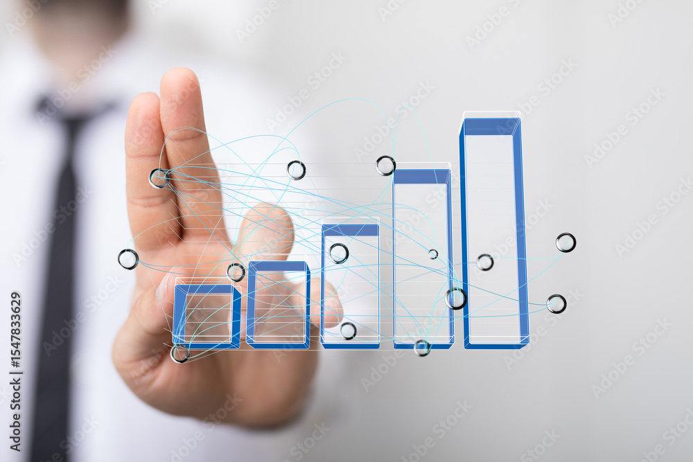 Aufkleber hand interacting with a 3d bar graph, showing data growth and connections. ideal for business, techn