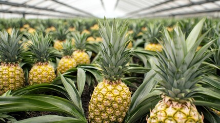 Fototapeta premium Lush Greenhouse with Rows of Large Spiky Pineapples Under Bright Natural Light