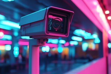 Modern Security Camera with Neon Lighting in Urban Environment