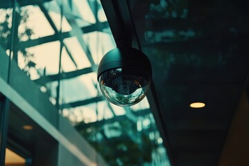 Modern Surveillance Camera Hanging in Contemporary Urban Setting
