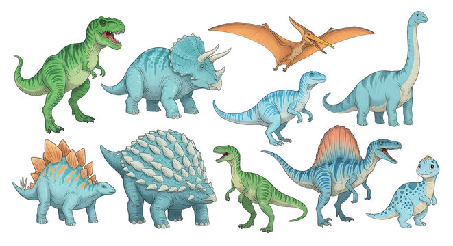 Cartoon dinosaurs of various types in cheerful colors populate a stark black background scene