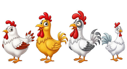 Four cartoon chickens stand side-by-side against a black backdrop in a colorful, whimsical style.