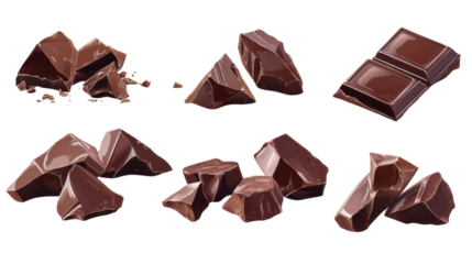 Set of dark chocolate pieces isolated on white background