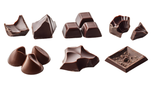 Set of dark chocolate pieces isolated on white background