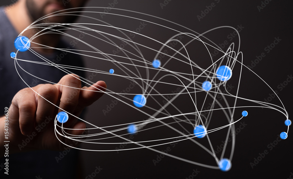 Aufkleber Abstract image of a man interacting with a complex network, representing global connectivity and data flow.