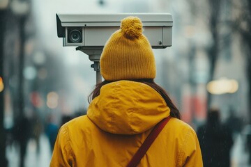 Person in Yellow Jacket and Hat Standing in Front of Security Camera