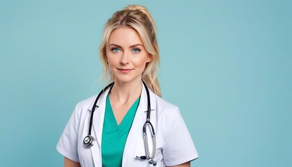 Portrait of a young blonde beautiful green eyes female doctor with a stethoscope around her neck and in a medical uniform on a pastel blue isolated background, copy space, created with generative ai