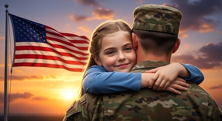 American Soldier Hugging Daughter on Independence Day with US Flag