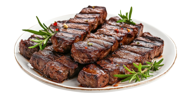 Fresh beef food. Churrasco on plate isolated white background