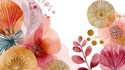 Boho Style Colorful Lin. Abstract contemporary aesthetic background with geometric balance shapes. Vintage Boho Mandala Background Texture. Leaves and flowers.