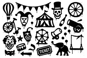 Circus and Carnival Graffiti Icons &ndash; Black Spray Paint Symbol Collection