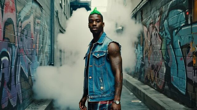 African-American man with a vibrant green mohawk wears a patched denim vest and plaid pants. He turns and gazes into the camera while surrounded by colorful graffiti in an urban alley