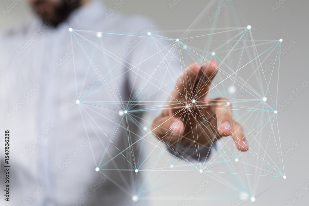 Poster Abstract image of a businessman interacting with a digital network.  Ideal for technology, connectivity, and innovation concepts.