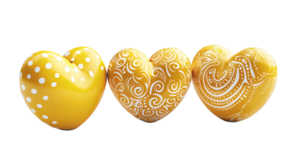 Three yellow heart shapes with white patterns isolated on a white background 3D render