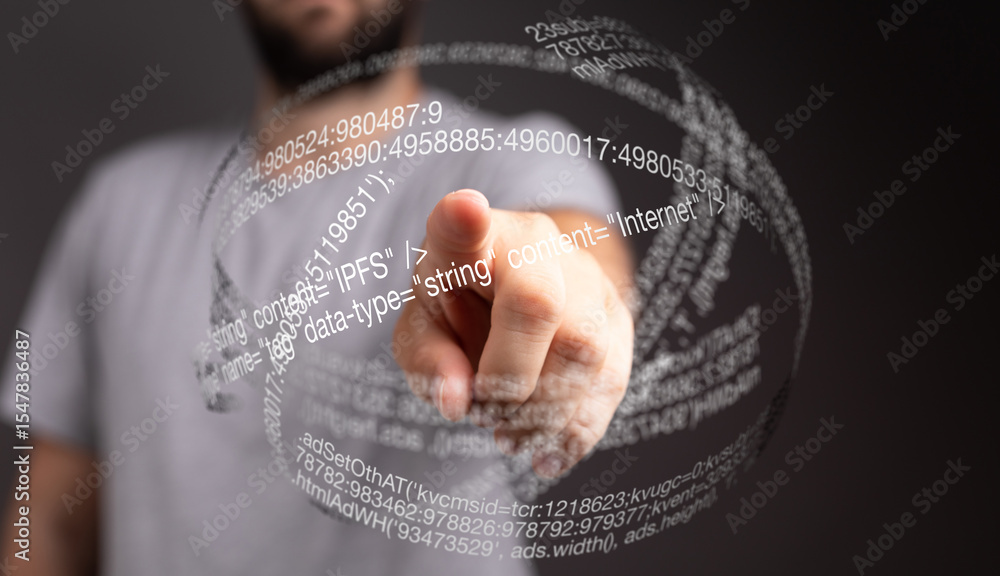 Poster Person touching a futuristic holographic display with code and data.