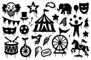 Fototapeta premium Circus and Carnival Graffiti Icons – Black Spray Paint Symbol Collection