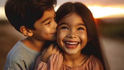 Joyful brother and sister sharing a sweet moment at sunset, with genuine smiles and warm light. Concepts of childhood, family love, bonding, happiness, and emotional connection.









