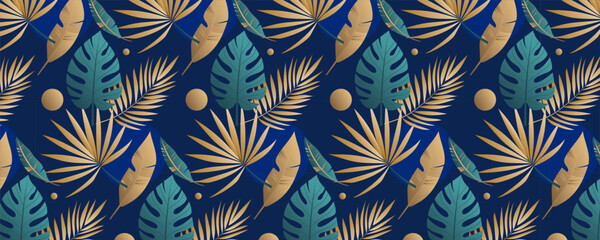 Seamless exotic tropical pattern featuring lush golden and green palm leaves on blue background. Vector EPS10