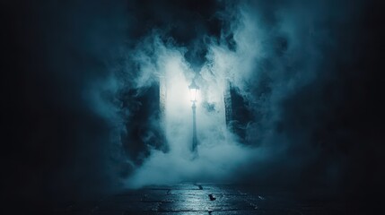 Mysterious Foggy Street Scene with Lantern Illuminating Darkness