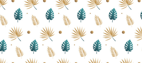Seamless pattern with Golden tropical leaf on transparent background. Vector EPS10