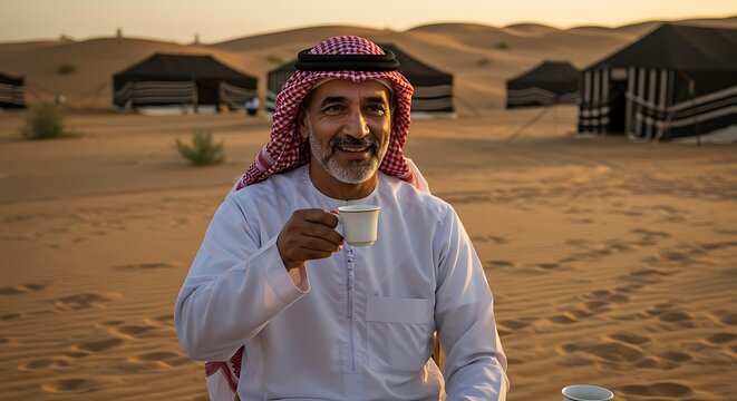 Smiling mature Arab man wearing traditional clothing in the desert drinks coffee near tents in the evening sun