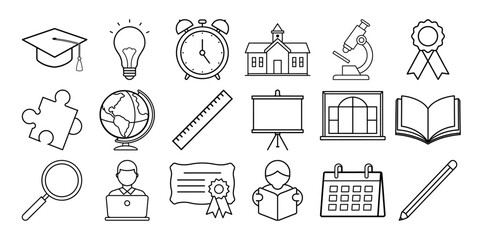 Back to school line icons education supplies and learning symbols