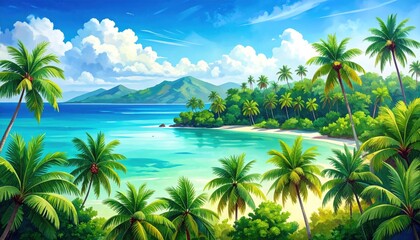 Tropical paradise beach scene. Lush, vibrant coastal landscape with palm trees, turquoise water, white sand, and distant mountains