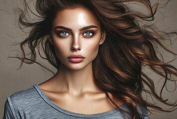 Stunning young woman with flowing brunette hair and glowing skin looking confidently into the camera. A dynamic beauty portrait capturing elegance, strength, and modern fashion in a natural style.