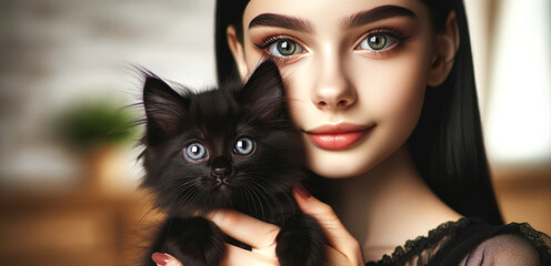Beautiful young woman holding a fluffy black kitten in a warm indoor setting. A tender moment of connection and affection. Pet love, lifestyle, beauty, and emotional bonding. Design.