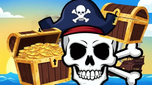 Pirate Treasure Cartoon Illustration with Skull and Gold