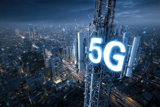 A futuristic high-tech cityscape at night with a glowing 6G tower standing tall among the urban buildings and lights. - Powered by Adobe