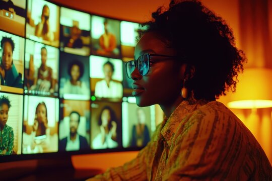 Young Woman Engaged in Virtual Meeting with Multiple Participants