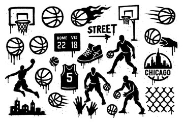 Street Basketball Graffiti Icons – Urban Black Spray Paint Symbol Set © FriskySloths