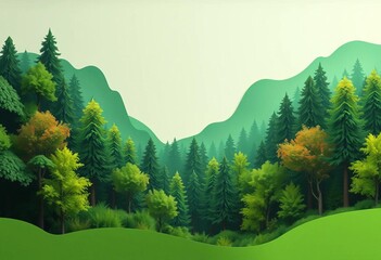 Vibrant green forest landscape, paper cut style, nature banner background,  paper,  texture