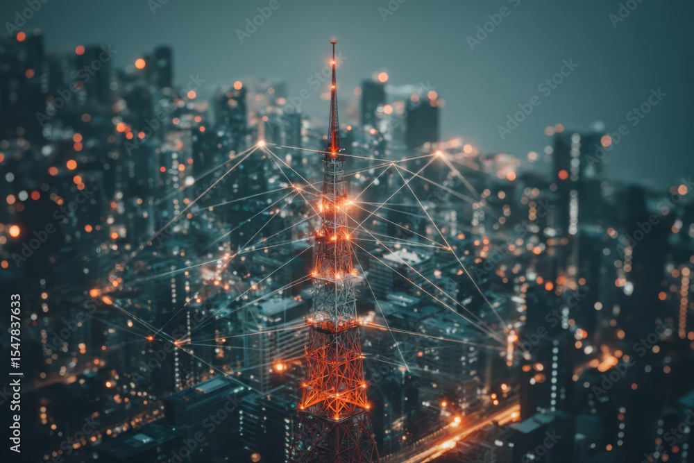 Poster a futuristic high-tech cityscape with glowing 6g tower and a network of connected lines representing