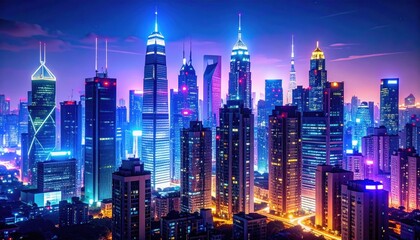 Obraz premium Aerial view of a vibrant, modern city skyline at night. Skyscrapers illuminated with vibrant neon lights in shades of blue, purple, and pink. A network of roads and lights are visible below