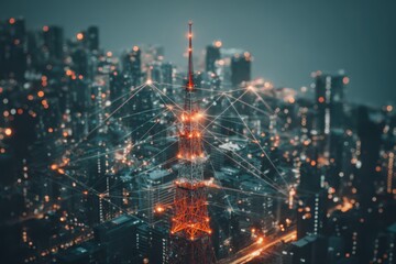 A futuristic high-tech cityscape with glowing 6G tower and a network of connected lines representing advanced technology and connectivity.