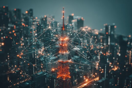 A futuristic high-tech cityscape with glowing 6G tower and a network of connected lines representing advanced technology and connectivity.