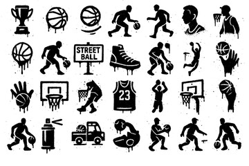 Street Basketball Graffiti Icons – Urban Black Spray Paint Symbol Set