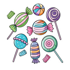 Colorful and delicious candy lollipops and sweets collection vector illustration isolated on white