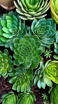 Overhead close-up of vibrant green Echeveria succulents showing detailed rosette patterns and leaf textures, perfect for botanical background visuals.