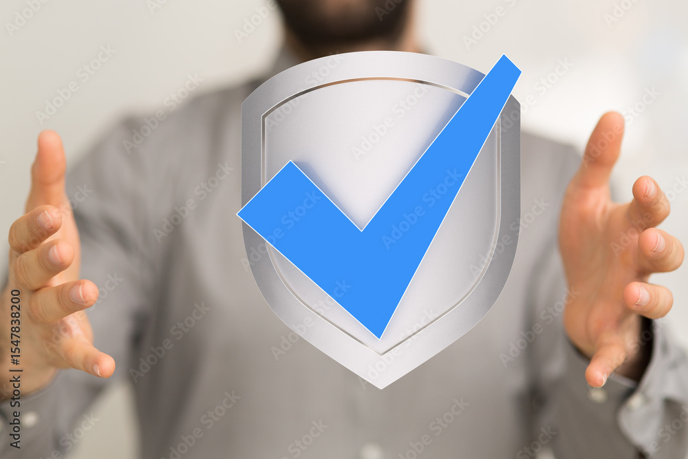 Poster High-quality image of a person presenting a digital shield with a checkmark, symbolizing security and trust.
