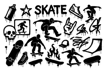 Graffiti Skateboarding Icons – Black Spray Paint Symbol Collection © FriskySloths