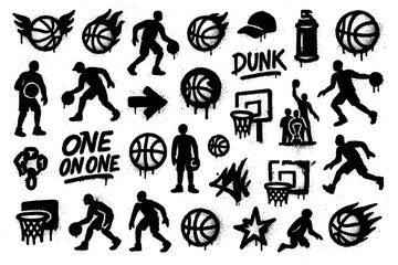 Street Basketball Graffiti Icons – Urban Black Spray Paint Symbol Set