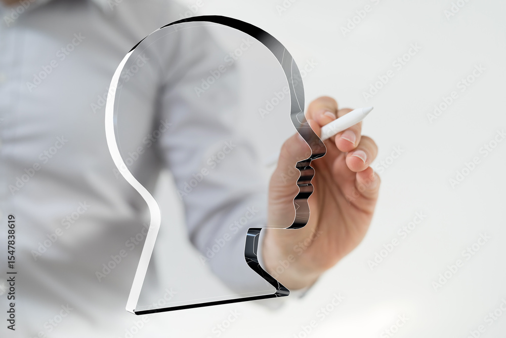 Poster abstract image of a person sketching a head profile, symbolizing ideas, mind, and thought processes.