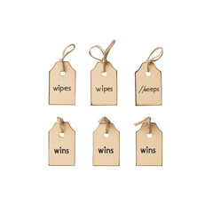 Six Wooden Gift Tags with "Wipes" and "Wins" Text - Craft Supplies, Branding, and Packaging Mockup