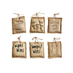 Six Burlap Sachets with Hand-Drawn Emojis and Phrases Wipes/Weeps, Wins, and More
