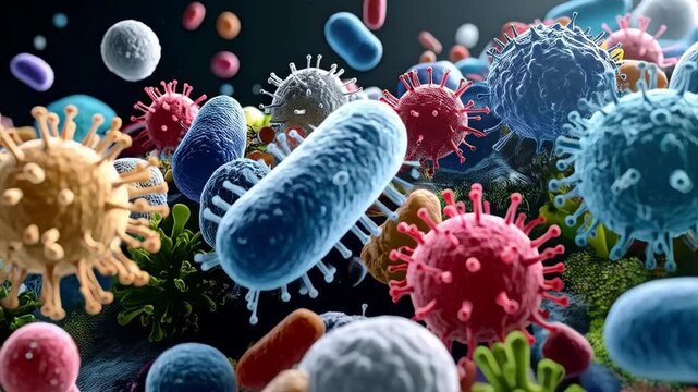 Colorful microscopic viruses and bacteria cells floating, microbiology science concept background with diverse shaped microorganisms representation